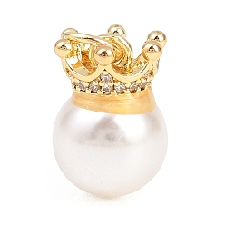 Настоящее золото 18K Латунные микропаве прозрачные подвески с фианитом, с пластмассовой жемчужиной abs, корона с круглыми подвесками, долговечный, стойки покрытие, без свинца и без кадмия, реальный 18 k позолоченный, 14x10 мм, отверстие : 3.2 мм