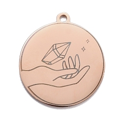 Rose Gold 304 Stainless Steel Pendants, Flat Round with Hand & Diamond, Rose Gold, 28x25x1.4mm, Hole: 2mm