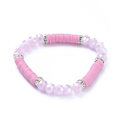 Perle rosa Stretch-Armbänder, mit polymer clay heishi beads, Imitierte Jade facettierte Glasperlen und Messing Strass Perlen, Perle rosa, Innendurchmesser: 2-1/4 Zoll (5.7 cm)