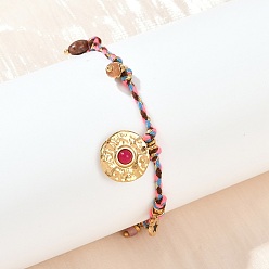 Настоящее золото 18K 304 из нержавеющей стали Браслеты шармов, плетеные браслеты из хлопкового шнура для женщин, плоско-круглые, со стеклом и натуральным родонитом, ионное покрытие (ip), реальный 18 k позолоченный, 7-1/8 дюйм (18 см)