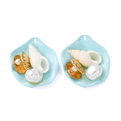 Небесно-голубой Распыленные окрашенные железные подвески, подвески в форме ракушек, с имитацией жемчуга из АБС-пластика, сплавом, керамикой и пудрой-глоттером, стойки покрытие, голубой, 30x27x11.5 мм, отверстие : 1.4 мм