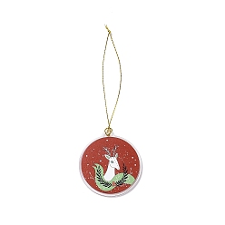 Deer Christmas Theme Acrylic Pendant Decoration, Nylon Cord Hanging Decoration, Flat Round, Deer, 190~205mm