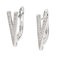 Platinum SHEGRACE Brass Micro Pave Cubic Zirconia Hoop Earring Findings, Letter V, with Loop, Cadmium Free & Lead Free & Nickel Free, Platinum, 19x11x6mm, Hole: 1.4mm, Pin: 1mm