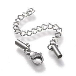 Stainless Steel Color 304 Stainless Steel Curb Chain Extender, with Cord Ends and Lobster Claw Clasps, Stainless Steel Color, Chain Extender: 53mm, Clasps: 9.5x6.5x3.5mm, Cord Ends: 7.5x2.5mm, 2mm inner diameter