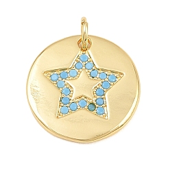 Estrella Colgantes de circonita cúbica azul cielo con micro pavé de latón, real 18 k chapado en oro, estrella, 17x1.5 mm, agujero: 3.2 mm