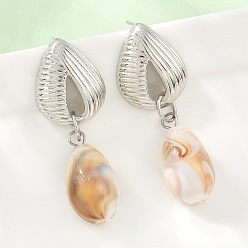 Platino Pendientes colgantes de latón con botón, con resina, lágrima, sin plomo y el cadmio, chapado en rack, larga duración plateado, Platino, 48x18 mm