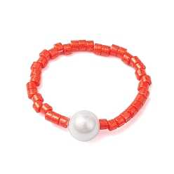 (123L) Белый крем непрозрачный блеск Стеклянные бусы стрейч кольца, женское кольцо с круглыми жемчужными бусинами и ракушками, огнеупорный кирпич, внутренний диаметр: 19 мм