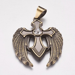 Antique Bronze 304 Stainless Steel Pendants, with Rhinestone, Wing with Cross, Antique Bronze, 39x49x5mm, Hole: 7x9mm