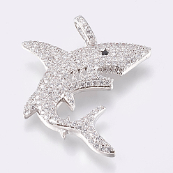Platinum Brass Micro Pave Cubic Zirconia Pendants, Cadmium Free & Lead Free, Shark Shape, Clear, Platinum, 27x28x3mm, Hole: 3x5mm