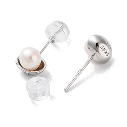 Platinum Natural Pearl Stud Earrings for Women, with Sterling Silver Pins, Platinum, 7x7.5mm
