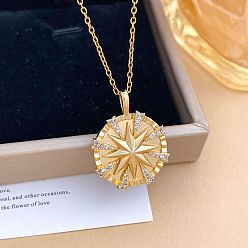 Rond Plat Colliers en laiton avec pendentif en zircone cubique transparent pour femmes, micro pavé, avec 304 chaînes de câble en acier inoxydable, or, plat rond, 15.75 pouce (40 cm)