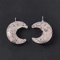 Розовый Кварц Большие подвески из медной проволоки с чипом из натурального розового кварца, Луна прелести, cmолой, платина, 51.5x36x15 мм, отверстие : 5 мм