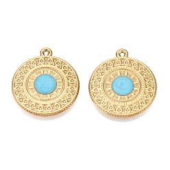 Light Sky Blue 303 Stainless Steel Enamel Pendants, Flat Round Charms, Ion Plating(IP), Real 18K Gold Plated, Light Sky Blue, 21.5x19x2mm, Hole: 1mm