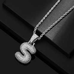 Letter S Латунные микропаве прозрачные кубические цирконии массивные инициальные подвески ожерелья, платина, Письмо с, 19.69 дюйм (50 см)