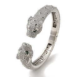 Платина Женский браслет на открытой манжете с прозрачным и зеленым фианитом из латуни и леопарда, платина, внутренний диаметр: 2-1/8x2-1/4 дюйм (5.3x5.55 см)