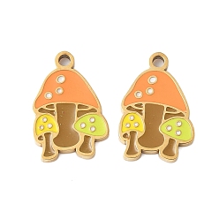 Оранжевый 304 нержавеющей стальной эмали подвески, грибное очарование, ионное покрытие (ip), золотые, оранжевые, 15x10x1 мм, отверстие : 1.5 мм