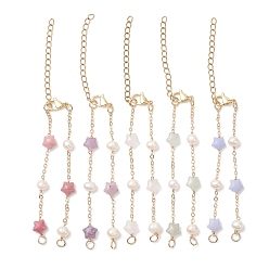 Смешанные камни Изготовление браслетов-цепочек из натуральных и синтетических смешанных драгоценных камней, звезд и натурального пресноводного жемчуга, риса и латуни, золотые, 6-3/8 дюйм (16.1 см)