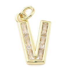 Letter V Латунные микро проложить кубического циркония подвески, письмо амулеты, с прыгающим кольцом, реальный 18 k позолоченный, Буква V, 16.5x10.5x2.5 мм, отверстие : 3.5 мм