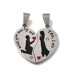 Color de Acero Inoxidable Día de san valentín 201 colgantes de acero inoxidable, con esmalte y diamantes de imitación de cristal, Corazón con amuletos de pareja, color acero inoxidable, 28x16x2 mm, agujero: 7x4 mm