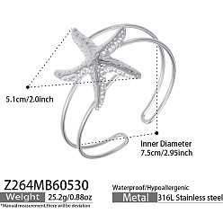 Starfish Ocean 316 Surgical Stainless Steel Hollow Sea Animals Open Cuff Bangles for Women, Tarnish Free, Starfish, Inner Diameter: 2.95 inch(7.5cm)