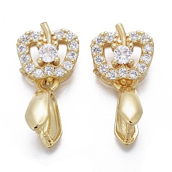 Real 18K Gold Plated Brass Micro Pave Cubic Zirconia Ice Pick Pinch Bails, Long-Lasting Plated, Apple, Clear, Real 18K Gold Plated, 16.5x8.5x6mm, Hole: 2x4.5mm, Pin: 0.7mm