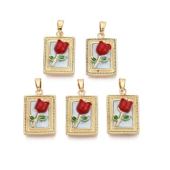 Светло-голубой Латунь эмаль подвески, подвески-прямоугольники и цветы, реальный 18 k позолоченный, светло-голубой, 20x13x5 мм, отверстие : 5x2.5 мм