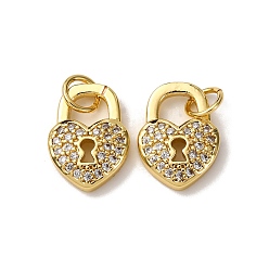 Настоящее золото 18K Латунные микропаве прозрачные кубические циркониевые подвески, замок в форме сердца, с целью перехода в кольце, стойки покрытие, долговечный, без свинца и без кадмия, реальный 18 k позолоченный, 13.5x10x3 мм, отверстие : 3.5 мм