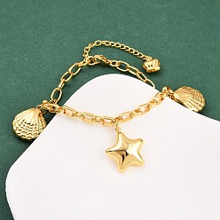 Золотой 304 женские браслеты с подвесками из нержавеющей стали, морская звезда и форма раковины, золотые, 8 дюйм (20.4 см)