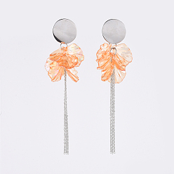 Orange Transparent Acrylic Dangle Earring, with 304 Stainless Steel Stud Earring Findings and Cable Chains, Petal, Orange, 109mm, Pin: 0.8mm