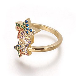 Echt 18 k vergoldet Zirkonia Manschette Ringe, offene Ringe, mit Messing-Zubehör, Stern, echt 18 k vergoldet, Größe 9, 19 mm