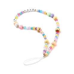 Colorful Acrylic Beads Mobile Straps, with CCB Plastic Beads, Brass Beads, Nylon Thread, Round & Heart & Flat Round with Word LOVE, Colorful, 26.5cm