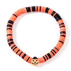Оранжевый Браслеты из полимерной глины хейши на Хэллоуин, пластиковые украшения для женщин, плоские круглые с тыквой, оранжевые, 6.89 дюйм (17.5 см)