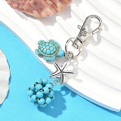 Светло-Голубой Подвесные украшения из черепахи и круглой синтетической бирюзы, с бусинами из сплава в тибетском стиле в виде морской звезды и поворотными застежками-лобстерами, Небесно-голубой, 65 мм