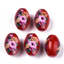 Красный Непрозрачные стеклянные бусины с набивным рисунком и нанесением распылением, овальные с цветочным узором, красные, 15x10 мм, отверстие : 1.6 мм