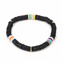 Black Handmade Polymer Clay Heishi Beads Stretch Bracelets, with Brass Spacer Beads, Black, Inner Diameter: 2-1/2 inch(6.3cm)