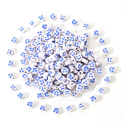 Dodger Blue White Opaque Acrylic Beads, Flat Round with Expression, Dodger Blue, 7x4mm, Hole: 1.6mm, 200pcs/set