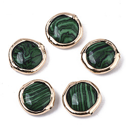 Malachite Perles synthétiques malachite, avec bord en pâte polymère plaquée or clair, plat rond, 17~19x17~18x5~7mm, Trou: 1.2mm