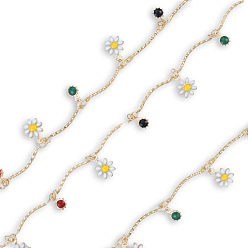 Colorful Handmade Golden Brass Curved Bar Link Chains, with Enamel Flower & Sun Charms, Unwelded, with Spool, Nickel Free, Colorful, 4x2x0.5mm, about 16.40 Feet(5m)/Roll