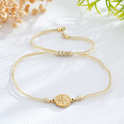 Beige Vintage Metal Religion Saint Benedict Medal Link Adjustable Braided Nylon Cord Bracelets, Real 14K Gold Plated, Beige, 11.02 inch(28cm)
