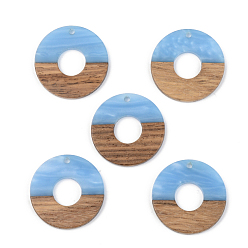 Cornflower Blue Opaque Resin & Walnut Wood Pendants, Flat Round, Cornflower Blue, 28x3mm, Hole: 2mm