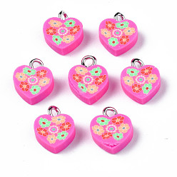 Hot Pink Handmade Polymer Clay Charms, with Platinum Plated Iron Loop, Heart with Flower, Hot Pink, 11~12.5x9.5~10x4~5mm, Hole: 1.8mm