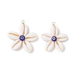 Light Gold Натуральная ракушка каури с подвесками-лэмпворками синего цвета, сделанными вручную, от сглаза, , с экологически чистыми петлями из медной проволоки, цвет морской раковины, золотой свет, 42~46x38~41x8 мм, отверстие : 3 мм