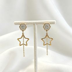 Golden 304 Stainless Steel & Crystal Rhinestone Stud Dangle Earrings for Women, Star with Hexagon, Golden, 40mm