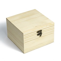 Light Yellow Unfinished Wooden Storage box, Natural Pinewood Gift Box, with Retro Iron Clasp, Square, Light Yellow, 17x17x11.2cm