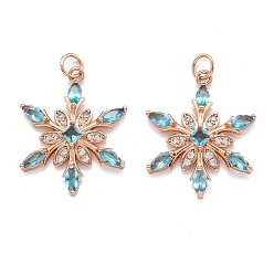Plaqué Or Rose Véritable Laiton cubes pendentifs zircone, plaqué longue durée, flocon de neige, Véritable rose or plaqué, 24.5x19x4mm, Trou: 3.6mm