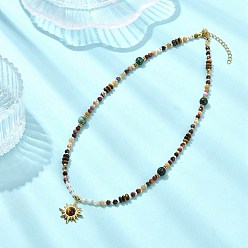 Золотой 304 Подвеска из нержавеющей стали в виде солнца из натурального тигрового глаза, круглые подвески из натуральной африканской бирюзы (яшмы), ограненный мукаит и бусы из ракушек для женщин, золотые, 15.94 дюйм (40.5 см)