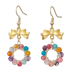 Разноцветный Серьги-подвески из натурального агата, окрашенного и нагретого, с бантом и кольцом, С 304 результатами из нержавеющей стали, золотые, красочный, 48x20 мм