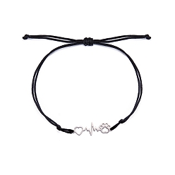 Black Heart Beat & Dog Paw Print Link Bracelet, Cloth Cord Braided Adjustable Bracelet, Black, Inner Diameter: 2 inch(5cm)