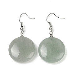 Зеленый Авантюрин Плоские круглые серьги с подвесками из натурального зеленого авантюрина, платиновые латунные украшения для женщин, 42 мм, штифты : 0.7 мм