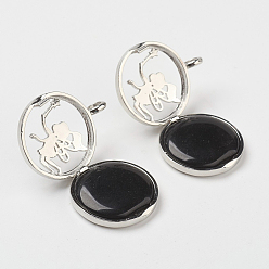 (946F)Морозный цвет внутри  Жонкиль / Непрозрачная зеленая подкладка Подвески из натурального окрашенного и нагретого черного агата, С выводами медальона из медных рассеивателей, плоские круглые с ангелом, 31x26x8 мм, отверстие : 4 мм